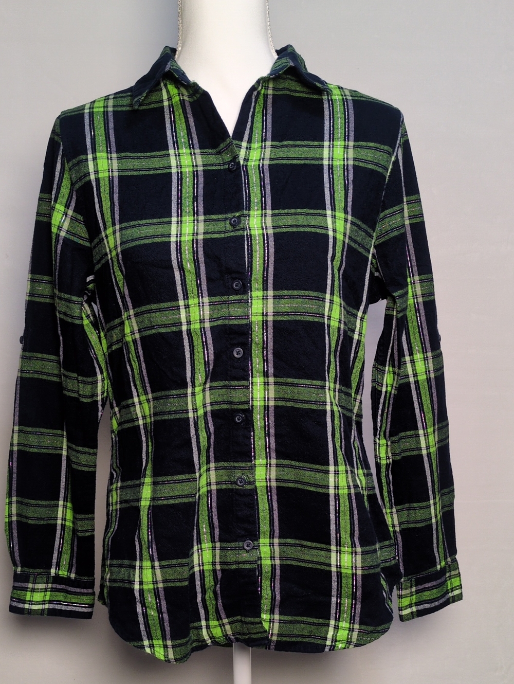 Lady 12 Navy Blue Lime Green Metallic Plaid Roll Tab Flannel Button Up Shirt S